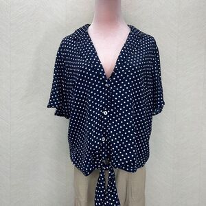 Monteau Flutter Sleeve Polka Dot Blue Tie Front Button Up Top Womens Size XL